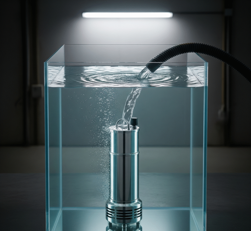 An image of a stainless steel submersible pump, designed for use in rainwater harvesting systems, submerged at the bottom of a clear water tank.
