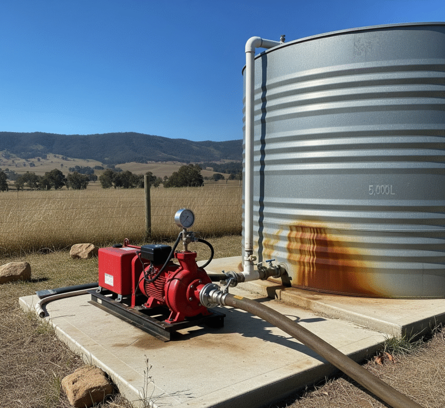 An image of a red surface pump, used for rainwater harvesting systems, sitting on a concrete pad next to a galvanized steel water tank.