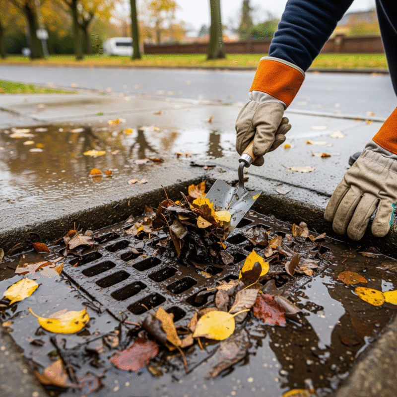 A person wearing work gloves kneels on a wet sidewalk, using a trowel to scoop wet leaves and debris from a storm drain grate.