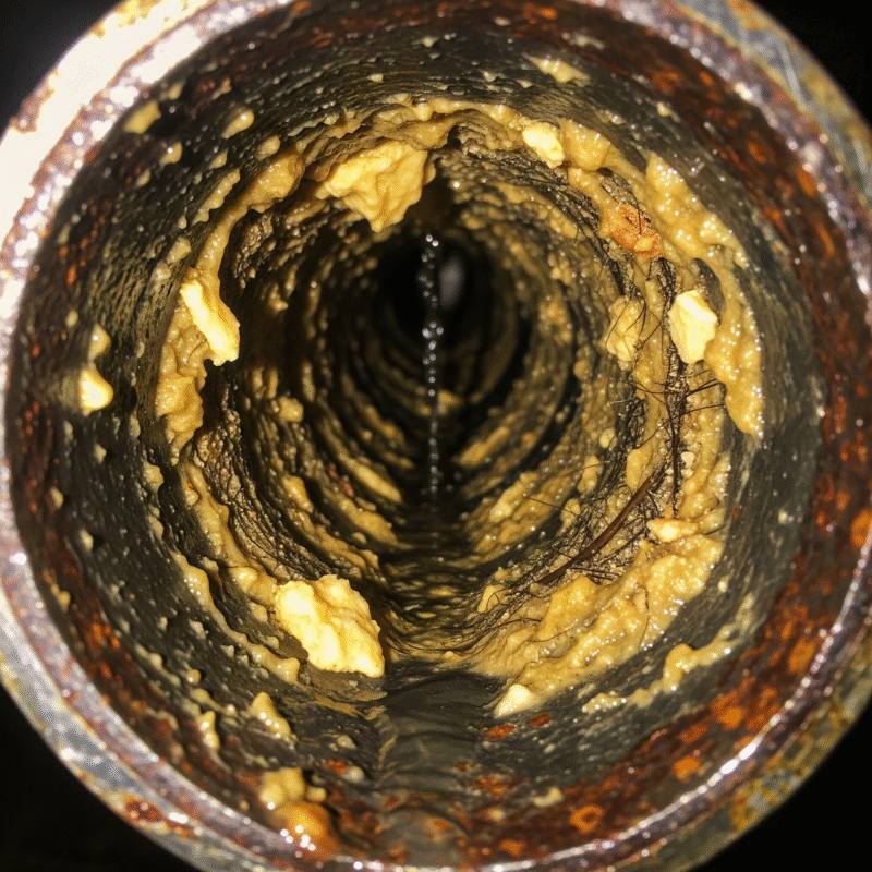 A close-up view of a clogged pipe with solidified grease and food particles, showing a small opening for water to pass through.