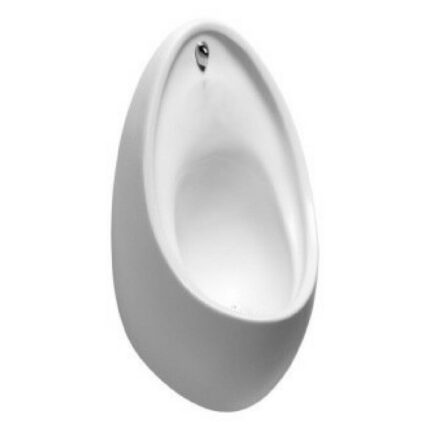 A simple white ceramic urinal bowl, mounted on a white wall.