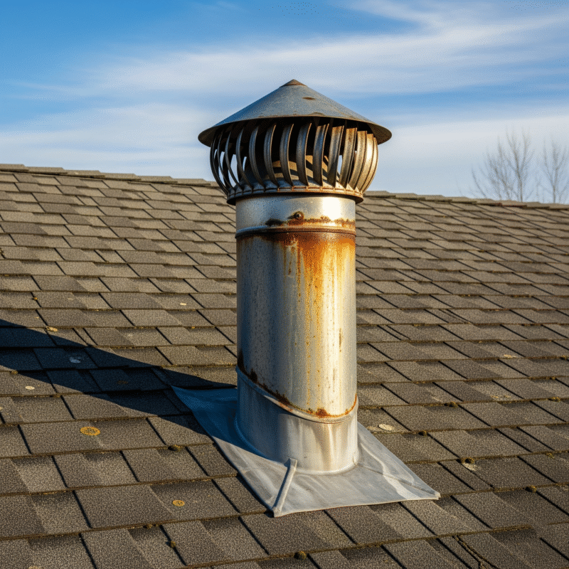 A metal vent pipe on a shingled rooftop with a cap to prevent rain from entering.