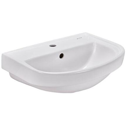 A slightly angled view of a white ceramic wall-mounted wash hand basin with a single tap hole and a drain hole.
