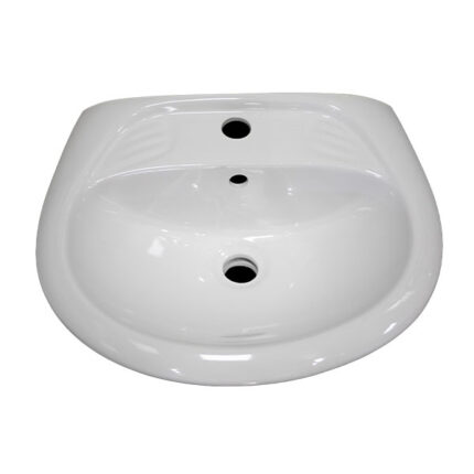 A top-down view of a white, ceramic wash hand basin with three holes for a tap, a drain, and an overflow.