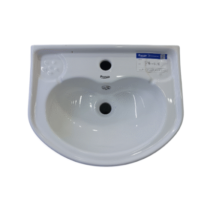 A top-down view of a white ceramic wash hand basin with a Frencia brand sticker, featuring a single hole for a tap and another for the drain.