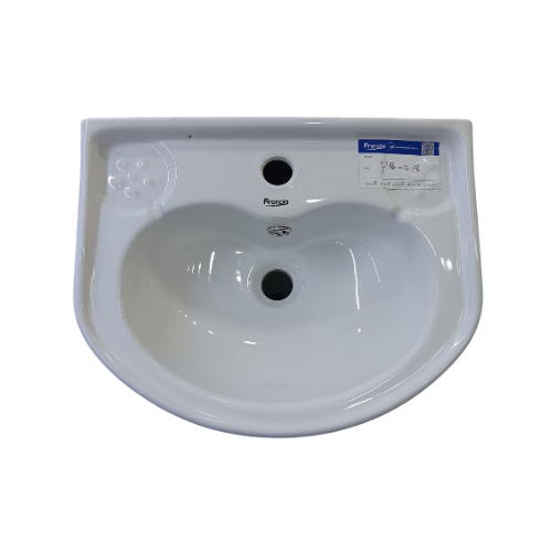 A top-down view of a white ceramic wash hand basin with a Frencia brand sticker, featuring a single hole for a tap and another for the drain.