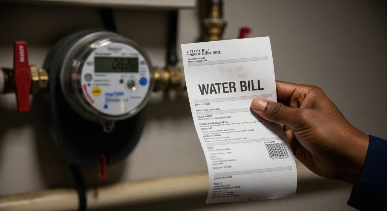 A high water bill being held, with a smart water meter in the background.