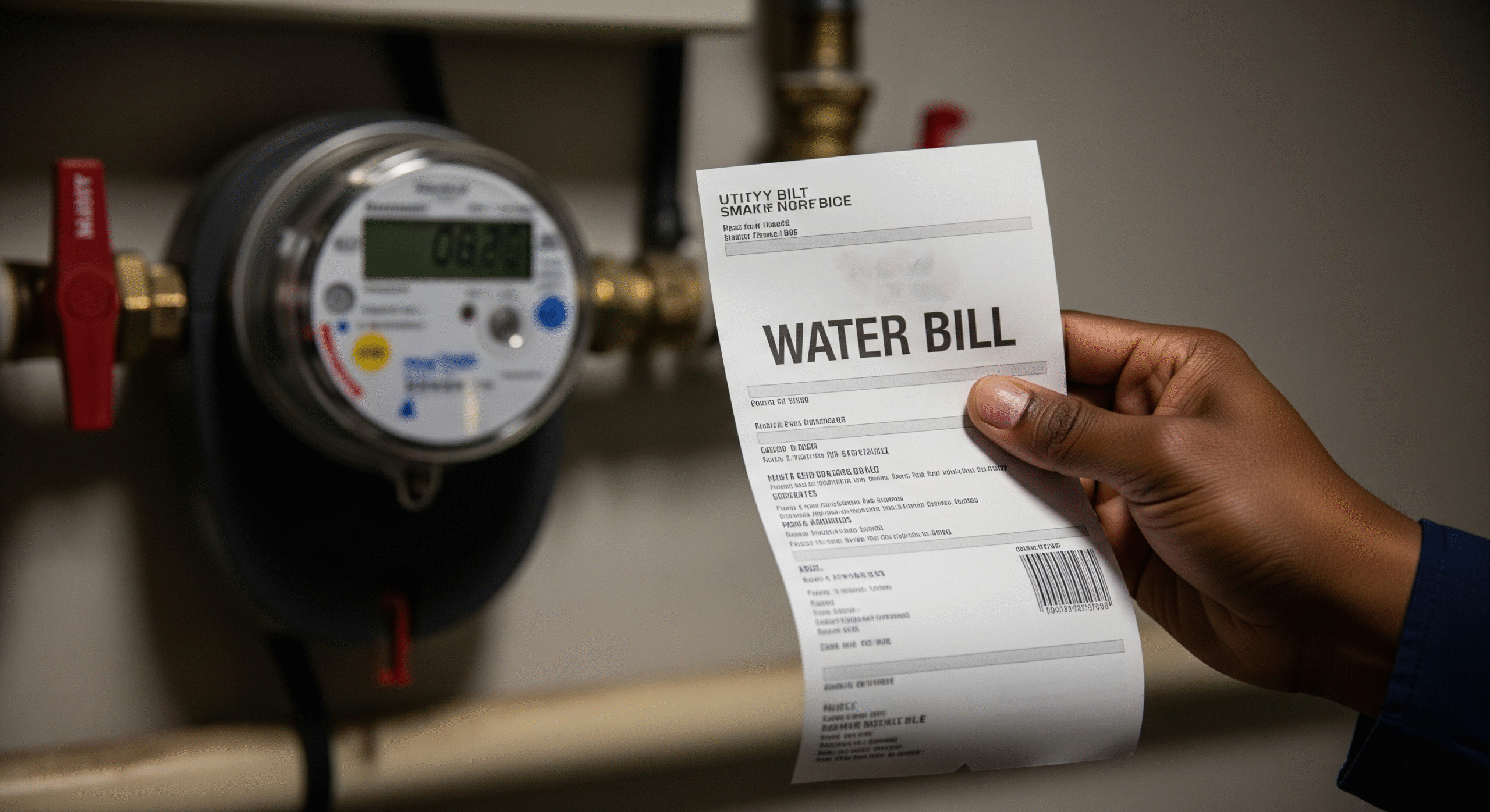 A high water bill being held, with a smart water meter in the background.