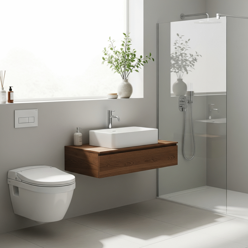A modern bathroom featuring a water-efficient toilet, sink with an aerated faucet, and a low-flow showerhead.