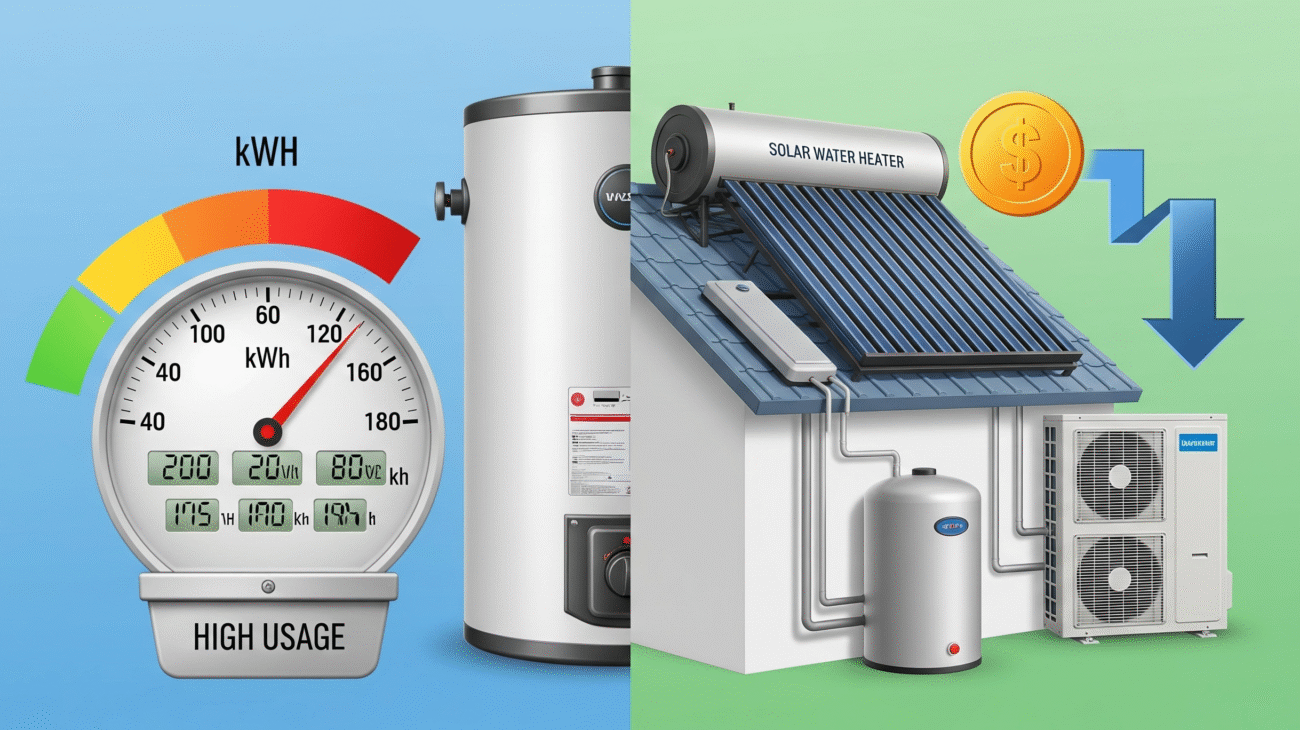 A conceptual image contrasting an inefficient electric water heater with modern, cost-saving solar and heat pump systems.