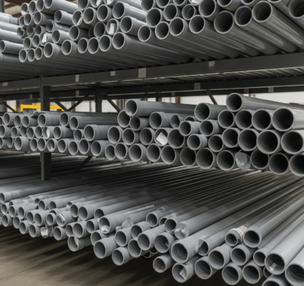 A stack of grey waste pipes on display.