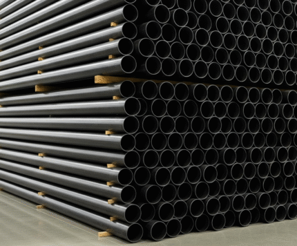 A stack of PVC pressure pipes displayed on a rack.