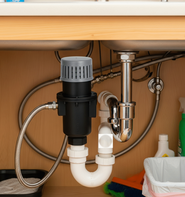 A photo of an Air Admittance Valve installed under a sink.