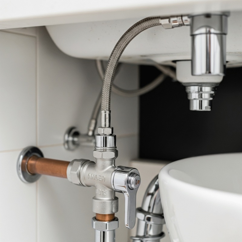 A photo showing an angle stop valve under a bathroom sink.