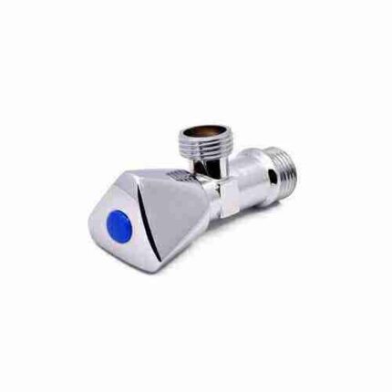 A modern, chrome-plated angle valve with a multi-faceted body and a flat, lever-style handle with a blue dot. It has a male threaded connection on one side and a female threaded outlet on top.