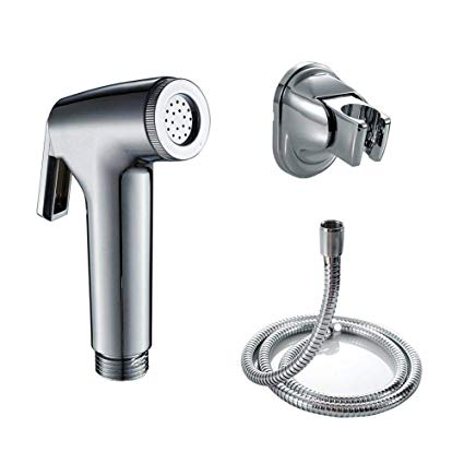An Arabic shower with a polished chrome finish. The kit includes a handheld spray nozzle with a trigger, a flexible metal hose, and a wall-mounted holder.