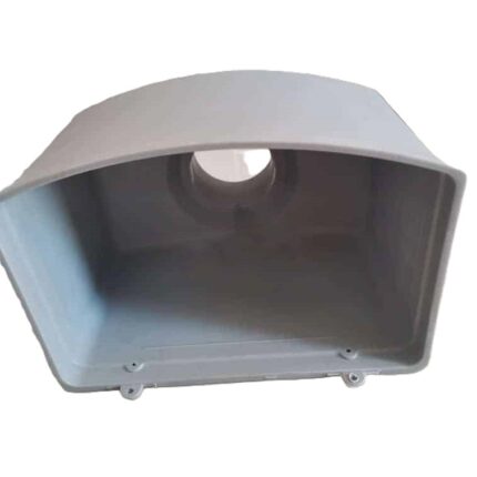 A close-up of a single grey plastic gutter box, also known as a hopper. The box has a wide, rectangular opening that tapers downwards to a round outlet for a downspout. There are two mounting holes on the bottom lip.