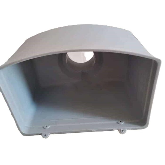 A close-up of a single grey plastic gutter box, also known as a hopper. The box has a wide, rectangular opening that tapers downwards to a round outlet for a downspout. There are two mounting holes on the bottom lip.