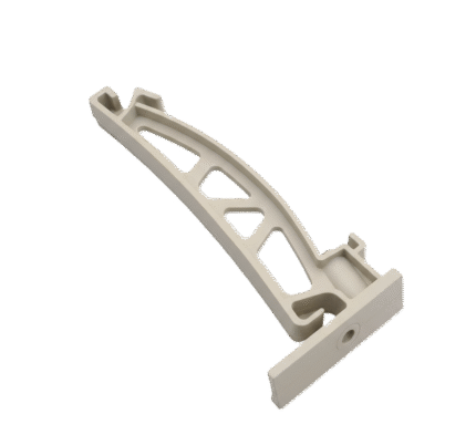 A gray plastic gutter clip designed to securely hold a semi-circular gutter pipe, with a round section to cradle the pipe and a flat section for mounting.
