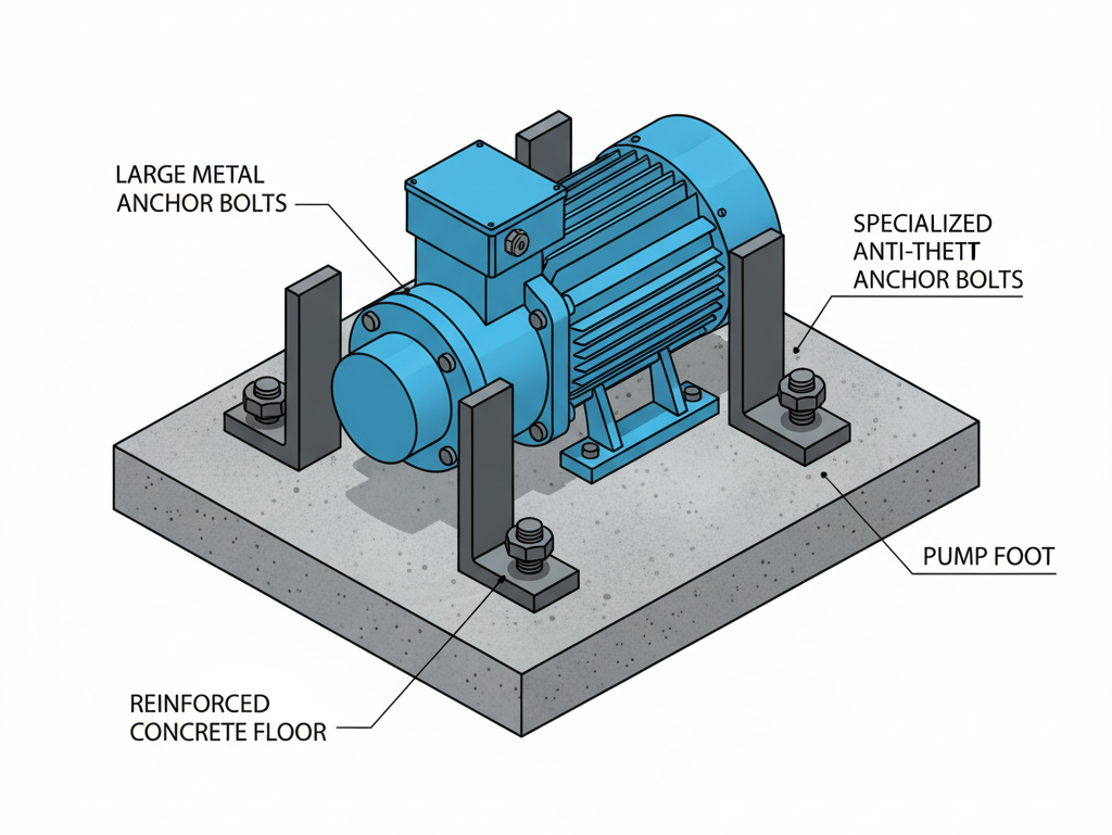 An illustration showing the use of large metal L-brackets bolted to the pump foot and the concrete floor