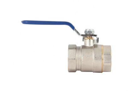 A shiny brass ball valve with a blue lever handle in the open position, positioned horizontally against a plain white background.