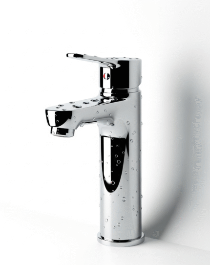 A close-up view of a modern, single-lever basin mixer tap with a polished chrome finish. The tap has a short, squared-off spout and a single lever on top.