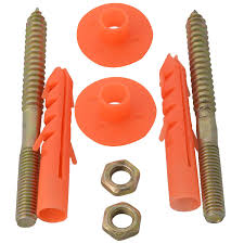 A complete set of basin screws and wall plugs. The set includes two gold-colored, double-ended screws, two hexagonal nuts, two orange plastic wall plugs, and two orange plastic washers.