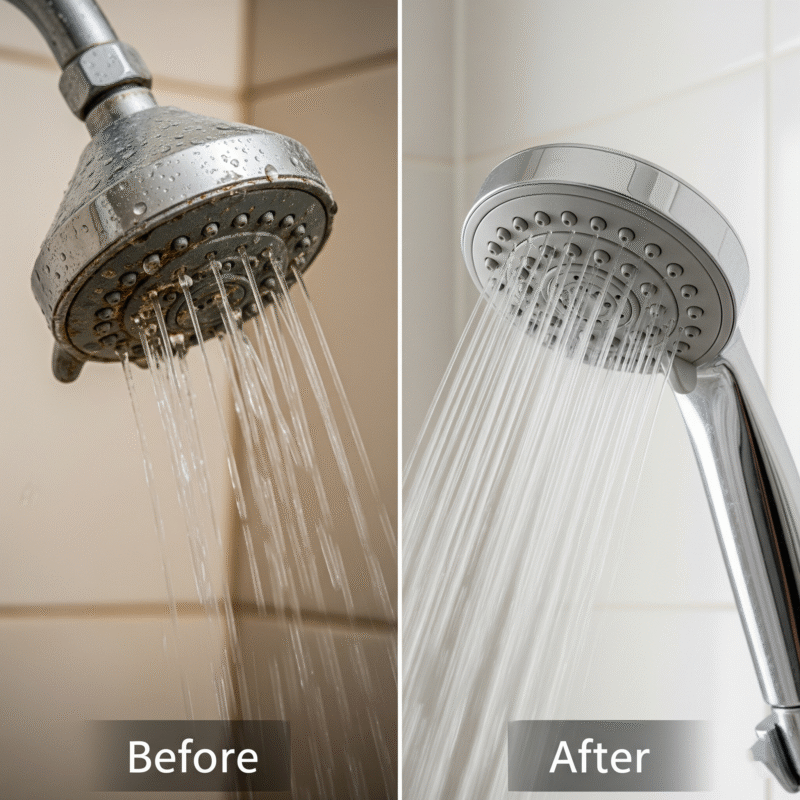 A "Before & After" split image showing a sad, dripping, mineral-encrusted showerhead next to a vibrant, powerful, clean new showerhead.