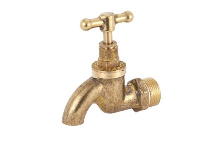 A photo of a traditional brass bip tap with a short spout and a cross-shaped handle on a white background.