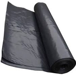A roll of black polythene sheeting, partially unfurled to reveal its dark surface, resting on a white background.