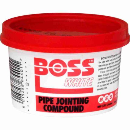 A photo of a small white plastic tub with a red lid of Boss White Pipe Joint Compound.