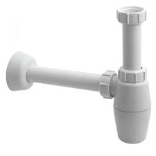 A white plastic bottle trap, suitable for a basin, with a horizontal outlet pipe extending left and a vertical inlet pipe on the right, all against a white background.