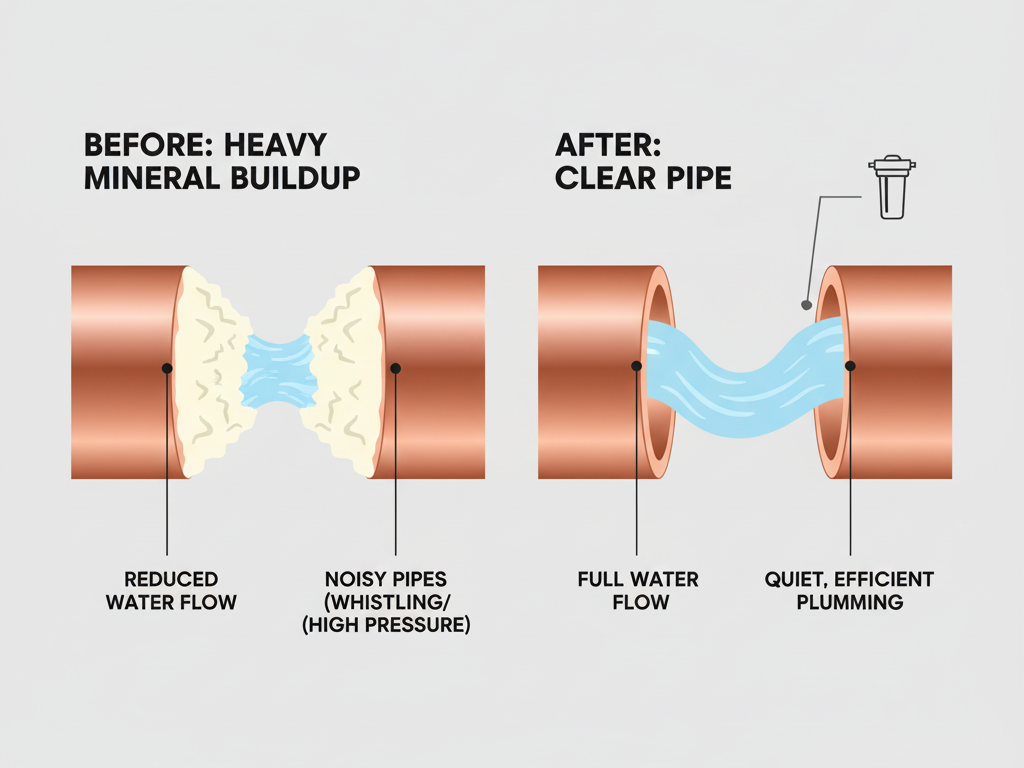 A before-and-after image showing a pipe cross-section, with "before" having heavy mineral buildup and "after" being clear.