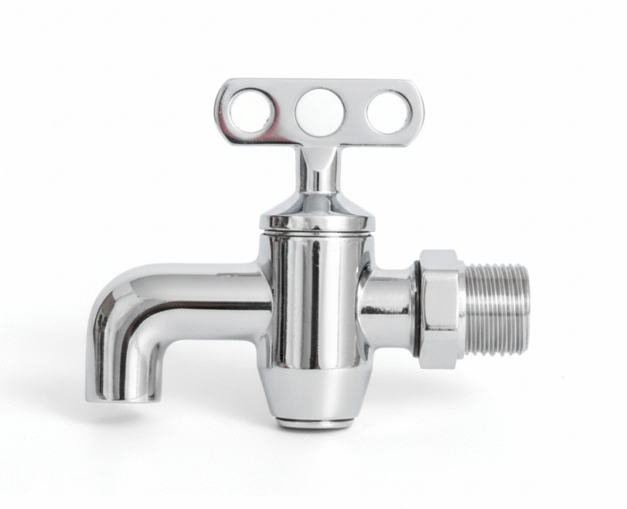 A chrome-finished cartoon tap with a short spout and a unique key-shaped handle with three circular cutouts. The tap has a threaded pipe connection on its right side.