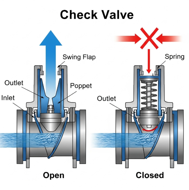 A diagram showing a check valve with arrows indicating one-way flow, and another image showing it closed against backflow.