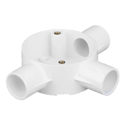 A white, circular three-way junction box (CJB) with three conduit entry points, spaced around its perimeter.
