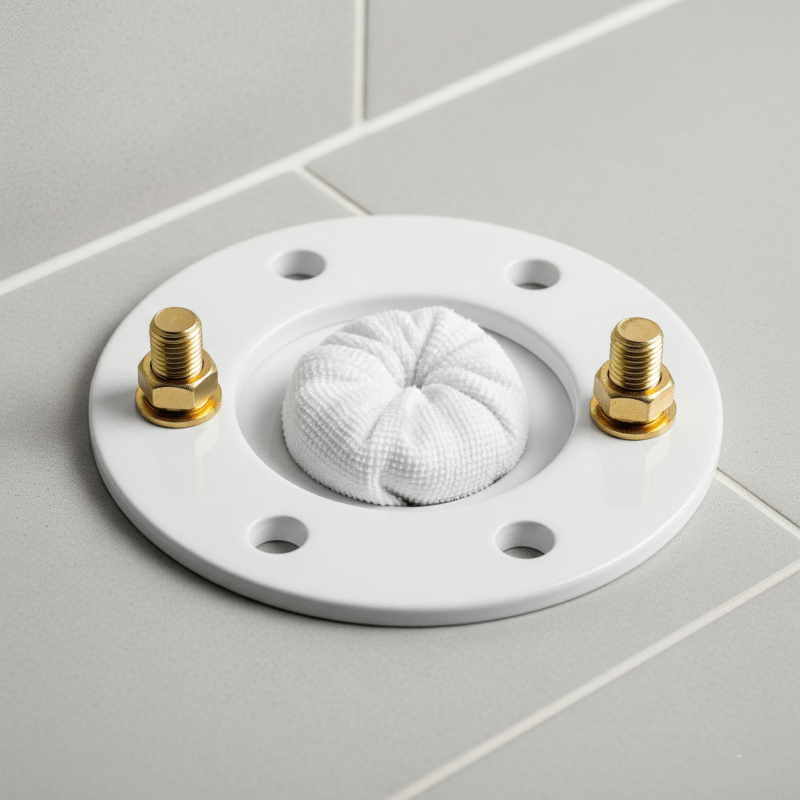 A clear photo of a clean toilet flange with the old wax removed and a rag in the drain.