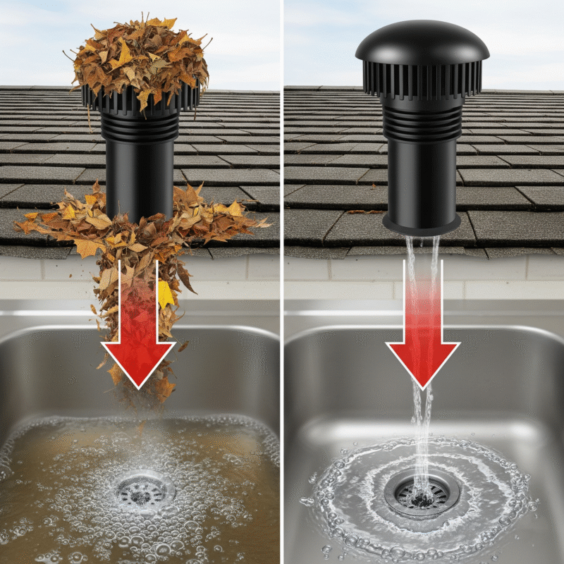A side-by-side comparison of a clogged and a clear plumbing vent.