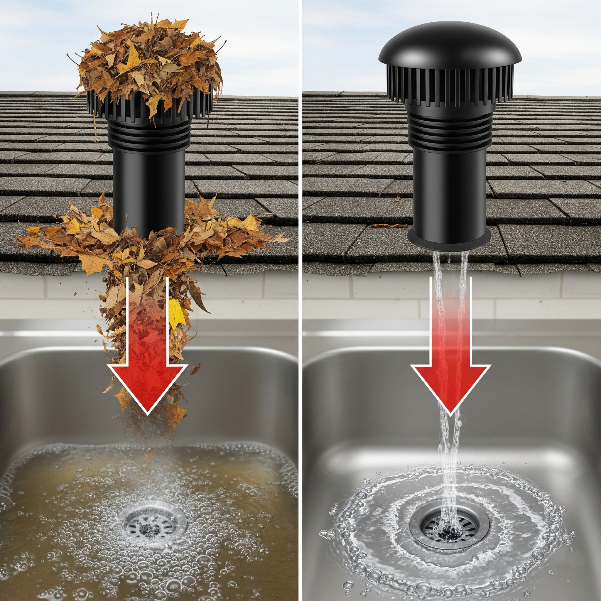 A side-by-side comparison of a clogged and a clear plumbing vent.