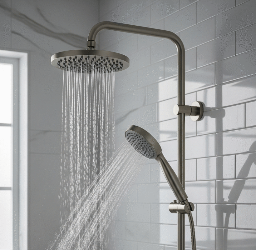 A photo showing a combo unit with both fixed and handheld showerheads, both running.