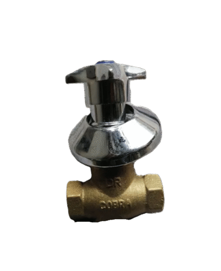 A close-up of a two-part plumbing valve. The top is a polished chrome handle with a star-shaped knob. The bottom is a brass valve with the brand "COBRA" stamped on its side, designed to be hidden behind a wall.