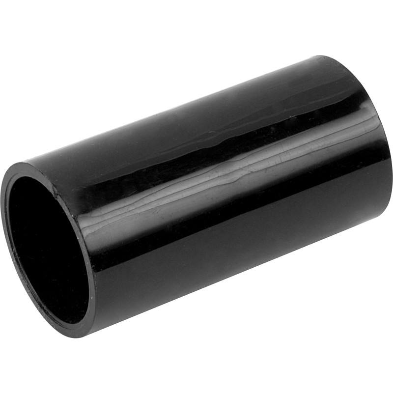 COUPLER A short, black, cylindrical electrical conduit coupler, used to connect two pieces of conduit.