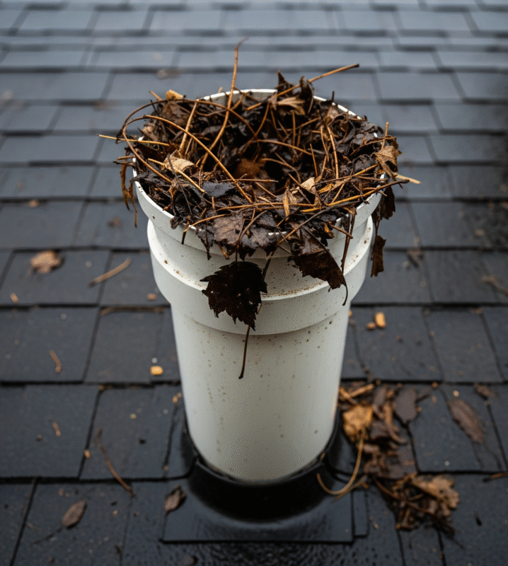 A photo taken from a low angle, showing a clogged plumbing vent on a roof.