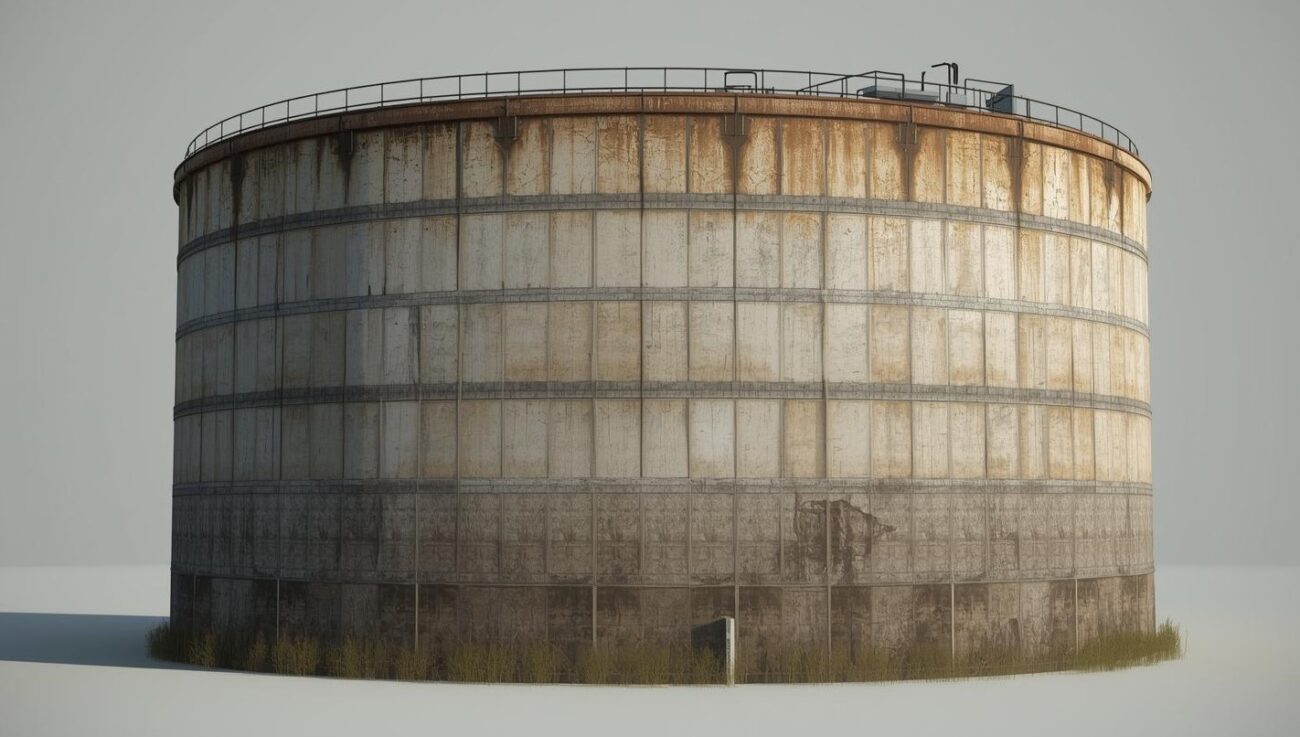 A full, unobstructed view of a weathered concrete tank