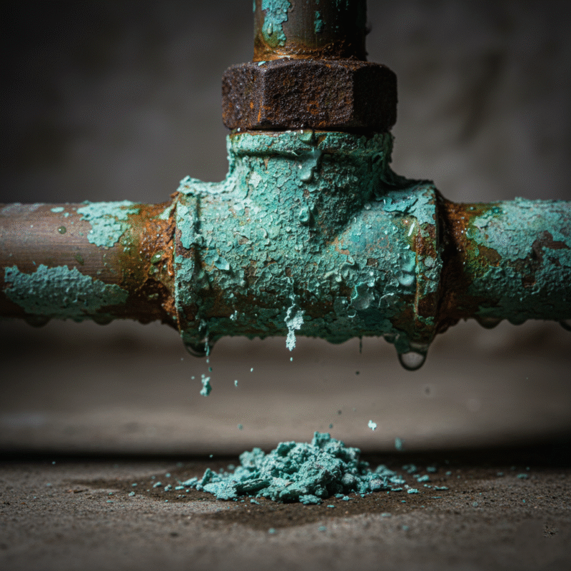 A photo of a severely corroded pipe joint