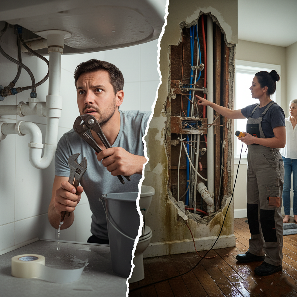 Split image showing DIY plumbing struggle on left, burst pipe and professional repair on right.