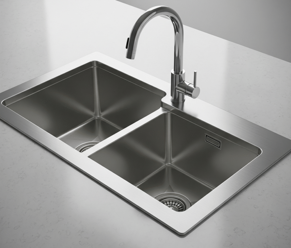 A clear image of a drop-in kitchen sink installed in a countertop, showing the visible rim.