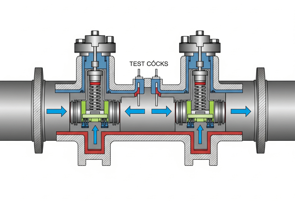 A diagram of a Double Check Valve, showing how it prevents backflow