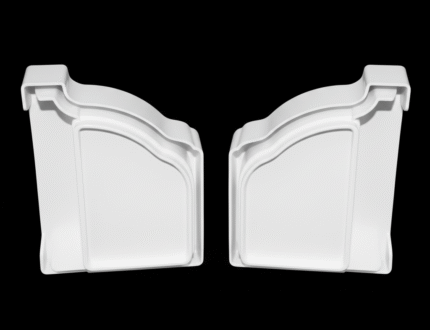 A pair of light gray PTG end caps on a black background. The end caps are identical, with a smooth, semi-circular shape designed to fit a gutter.
