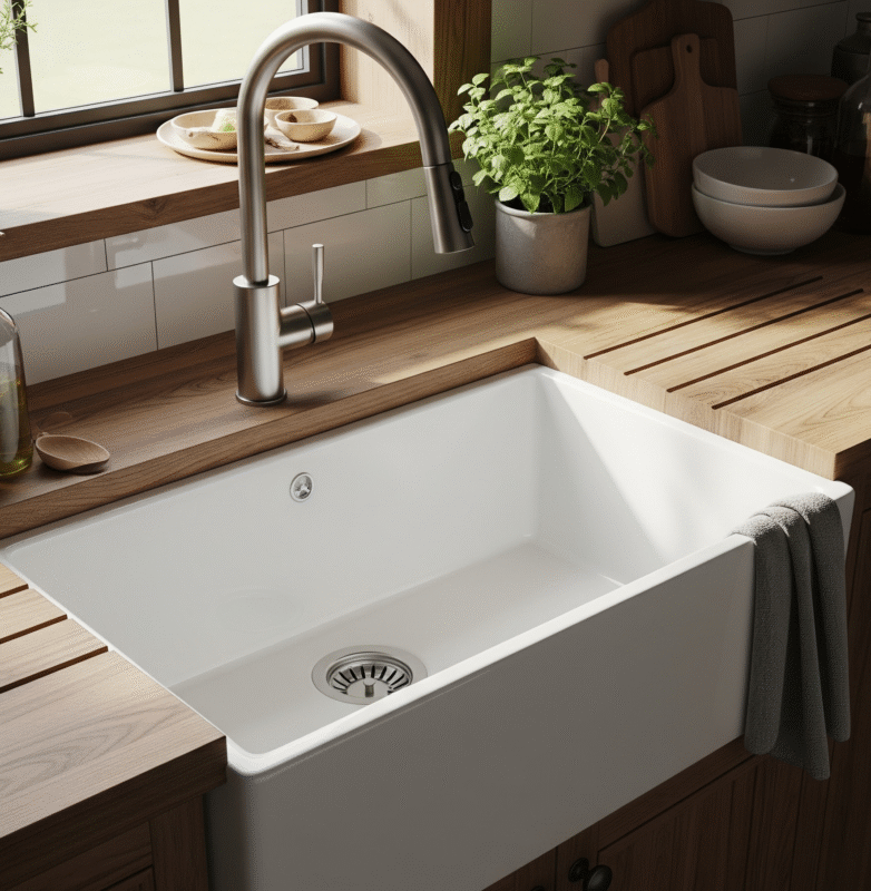 A stylish image of a farmhouse sink in a kitchen setting.